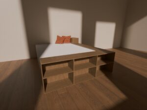 Uma Cama Moderna Com Travesseiros Listrados Em Um Quarto Iluminado Pelo Sol Z4jDp5qnZ8k
