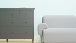 Cozy minimalist living room featuring a gray cabinet and modern sofa.