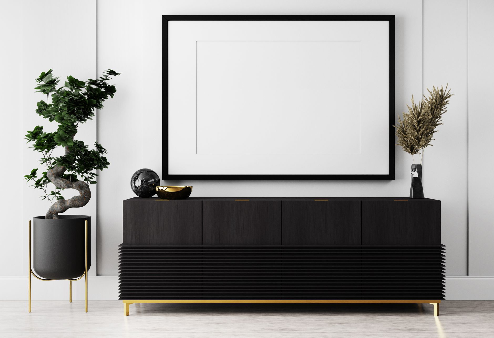 A modern interior with a blank picture frame, plants, and elegant decor.